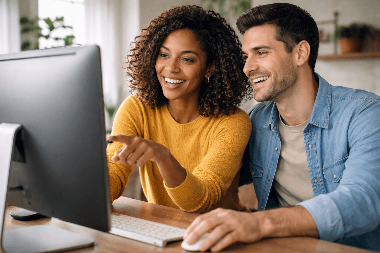 Smiling people collaborating at a computer