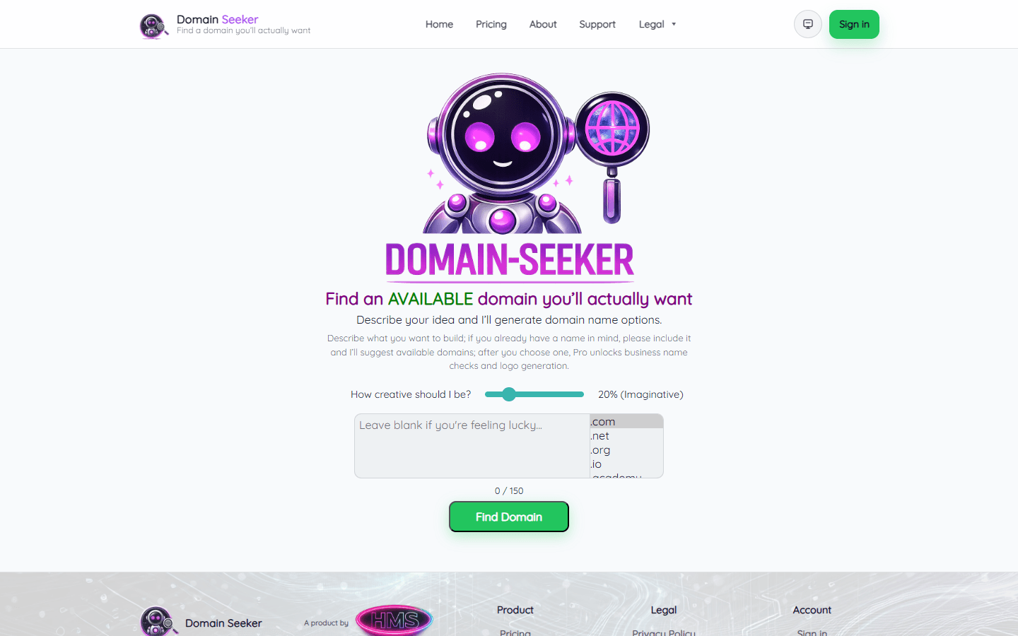 Domain Seeker private app interface preview.